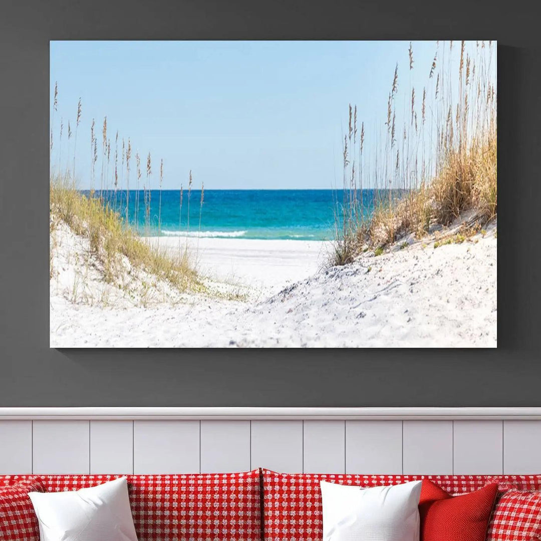 Serene Coastal Dune Path with Ocean View, 3-Panel Beach Canvas Wall Art, Tranquil Seascape Giclee Print, Gallery Wrap, Perfect for Coastal Home Decor