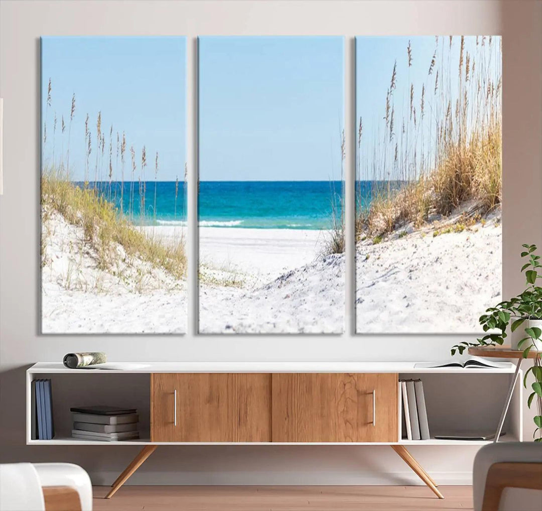 Serene Coastal Dune Path with Ocean View, 3-Panel Beach Canvas Wall Art, Tranquil Seascape Giclee Print, Gallery Wrap, Perfect for Coastal Home Decor