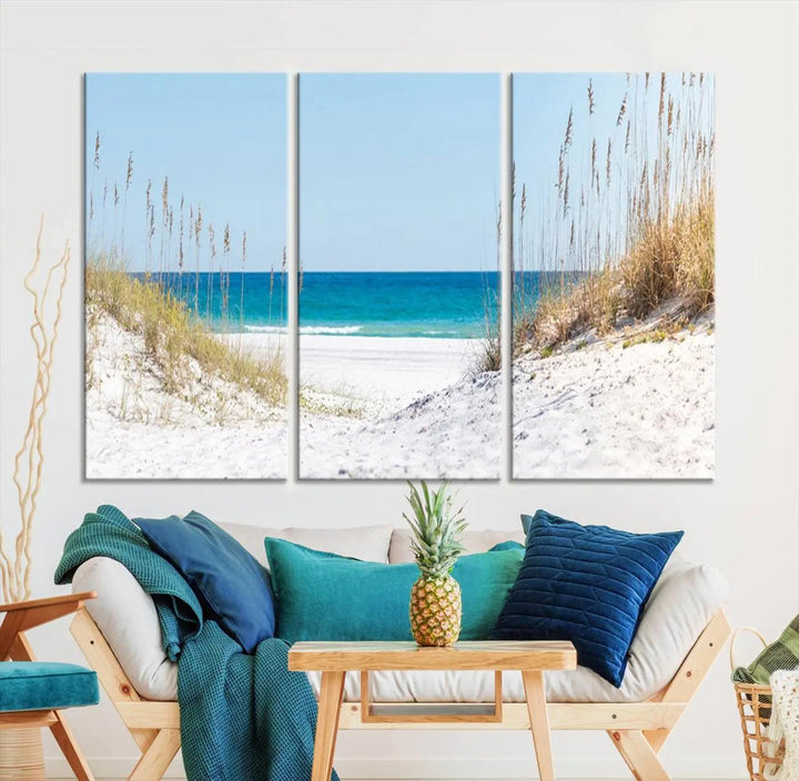 Serene Coastal Dune Path with Ocean View, 3-Panel Beach Canvas Wall Art, Tranquil Seascape Giclee Print, Gallery Wrap, Perfect for Coastal Home Decor