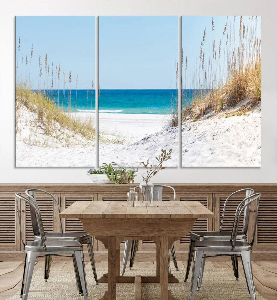 Serene Coastal Dune Path with Ocean View, 3-Panel Beach Canvas Wall Art, Tranquil Seascape Giclee Print, Gallery Wrap, Perfect for Coastal Home Decor