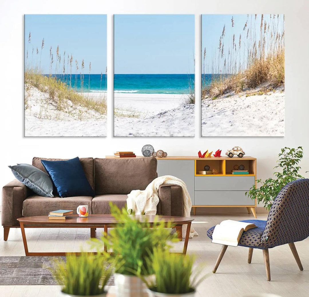 Serene Coastal Dune Path with Ocean View, 3-Panel Beach Canvas Wall Art, Tranquil Seascape Giclee Print, Gallery Wrap, Perfect for Coastal Home Decor