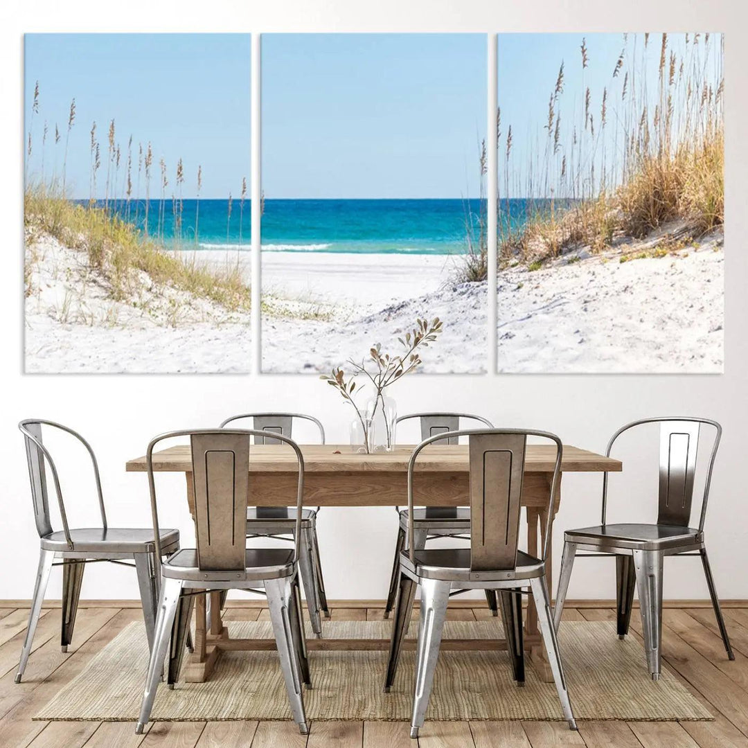 Serene Coastal Dune Path with Ocean View, 3-Panel Beach Canvas Wall Art, Tranquil Seascape Giclee Print, Gallery Wrap, Perfect for Coastal Home Decor