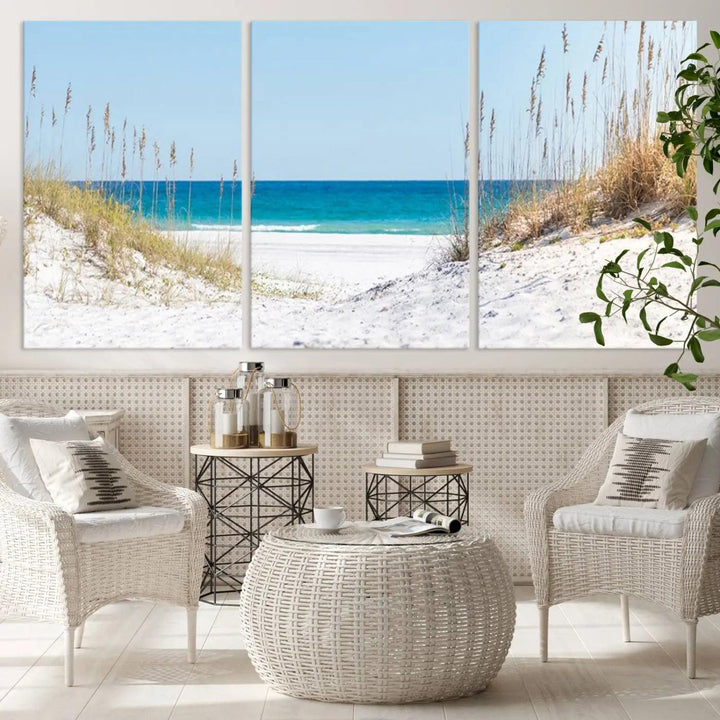 Serene Coastal Dune Path with Ocean View, 3-Panel Beach Canvas Wall Art, Tranquil Seascape Giclee Print, Gallery Wrap, Perfect for Coastal Home Decor