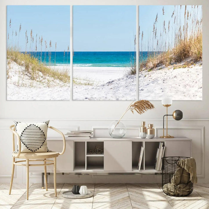 Serene Coastal Dune Path with Ocean View, 3-Panel Beach Canvas Wall Art, Tranquil Seascape Giclee Print, Gallery Wrap, Perfect for Coastal Home Decor