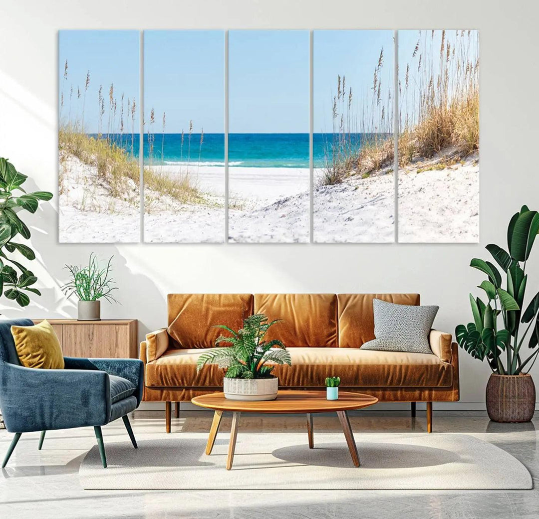 Serene Coastal Dune Path with Ocean View, 3-Panel Beach Canvas Wall Art, Tranquil Seascape Giclee Print, Gallery Wrap, Perfect for Coastal Home Decor