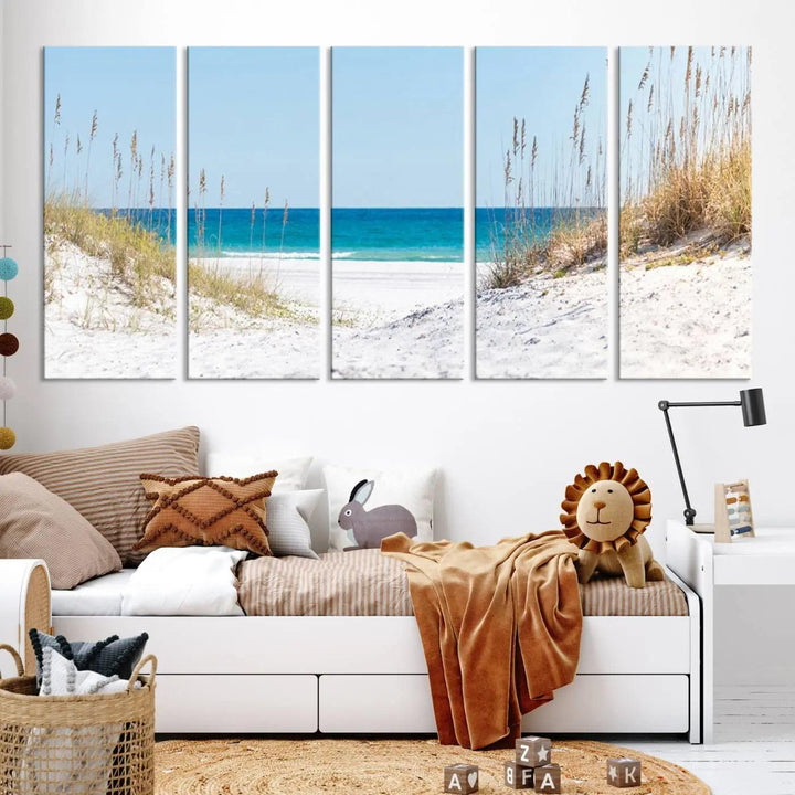 Serene Coastal Dune Path with Ocean View, 3-Panel Beach Canvas Wall Art, Tranquil Seascape Giclee Print, Gallery Wrap, Perfect for Coastal Home Decor