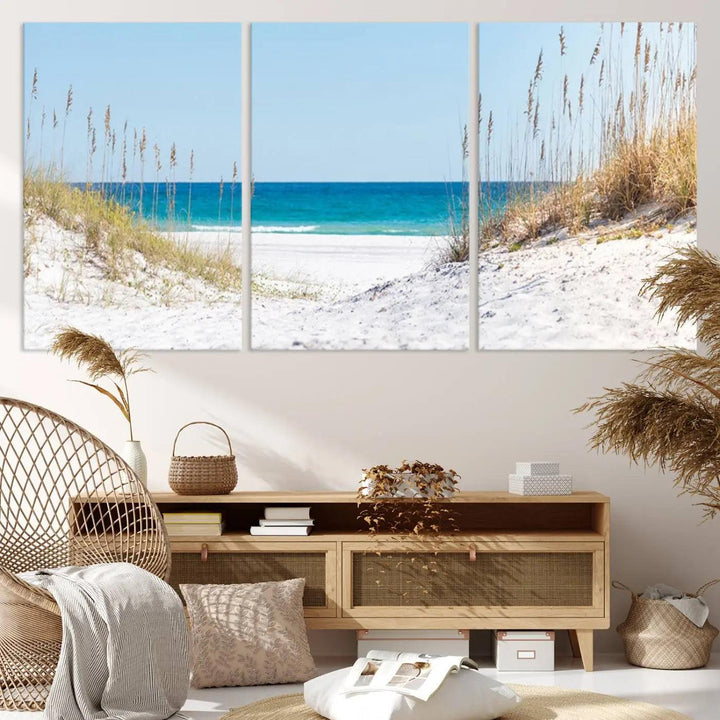 Serene Coastal Dune Path with Ocean View, 3-Panel Beach Canvas Wall Art, Tranquil Seascape Giclee Print, Gallery Wrap, Perfect for Coastal Home Decor