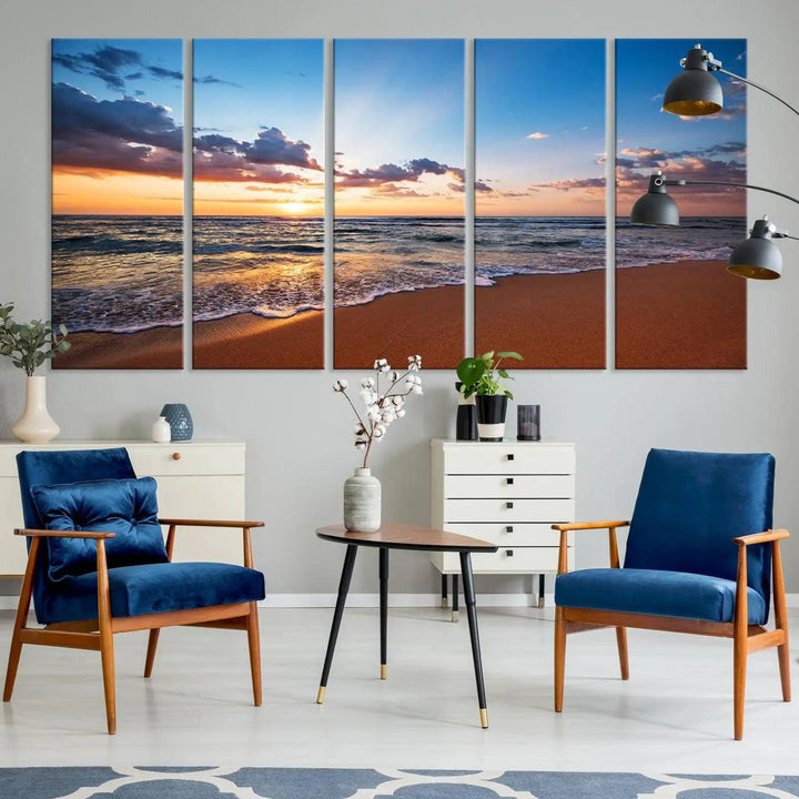 The "Serene Ocean Sunset Canvas Print, Golden Hour Beach Wall Art" offers a captivating view from a sandy beach, where sunlight reflects on the water amidst clouds in a blue sky. This piece, created with Giclee canvas and gallery wrap featuring Canon print quality, brings tranquility and an ideal enhancement to coastal interiors.