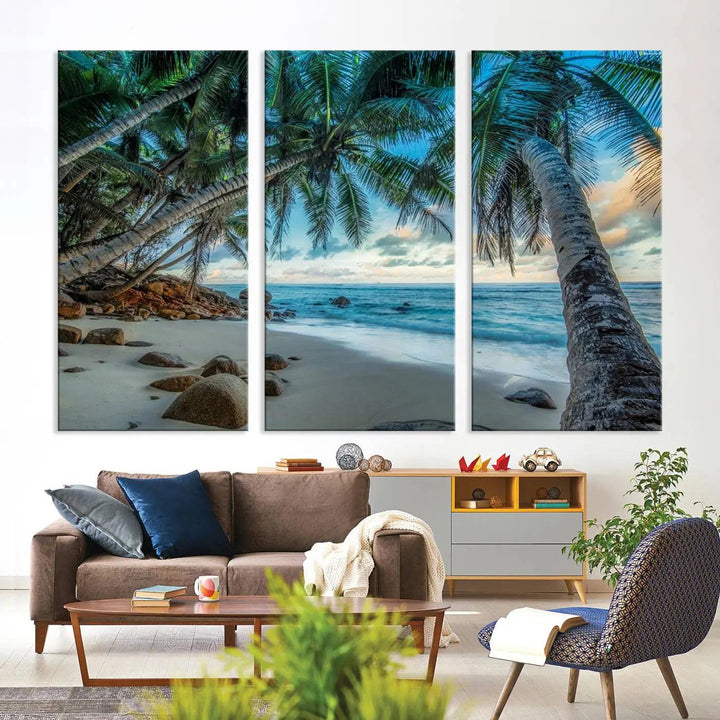 The Serene Tropical Beach Palm Trees Wall Art Canvas Print—a Coastal Paradise 3-Panel Artwork featuring ocean waves—enhances the space with its Giclee technology print.