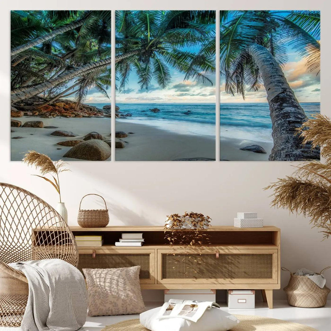 The Serene Tropical Beach Palm Trees Wall Art Canvas Print—a Coastal Paradise 3-Panel Artwork featuring ocean waves—enhances the space with its Giclee technology print.