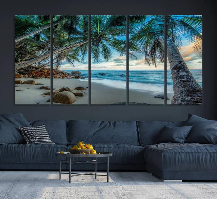 The Serene Tropical Beach Palm Trees Wall Art Canvas Print—a Coastal Paradise 3-Panel Artwork featuring ocean waves—enhances the space with its Giclee technology print.