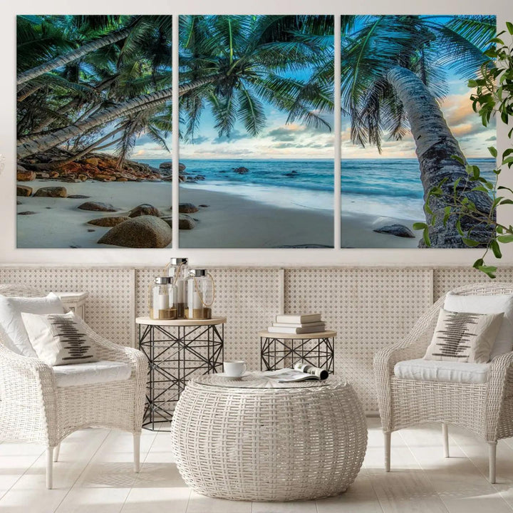 The Serene Tropical Beach Palm Trees Wall Art Canvas Print—a Coastal Paradise 3-Panel Artwork featuring ocean waves—enhances the space with its Giclee technology print.