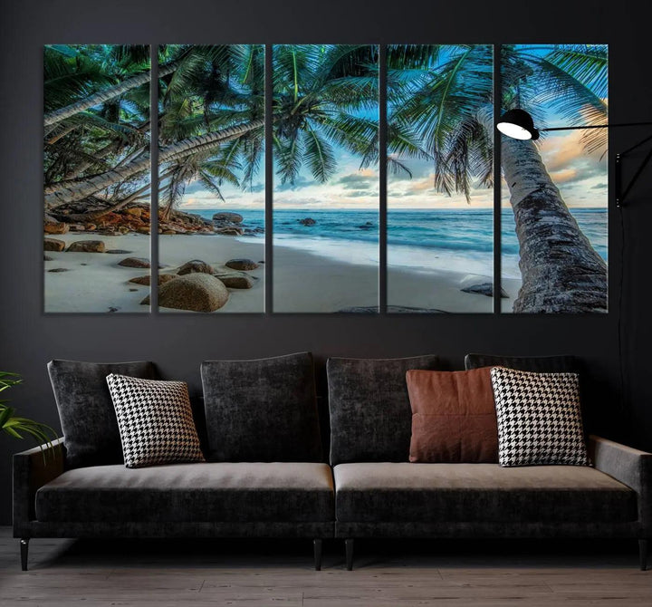 The Serene Tropical Beach Palm Trees Wall Art Canvas Print—a Coastal Paradise 3-Panel Artwork featuring ocean waves—enhances the space with its Giclee technology print.