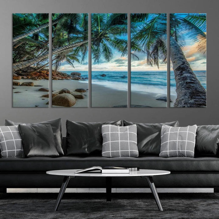 The Serene Tropical Beach Palm Trees Wall Art Canvas Print—a Coastal Paradise 3-Panel Artwork featuring ocean waves—enhances the space with its Giclee technology print.