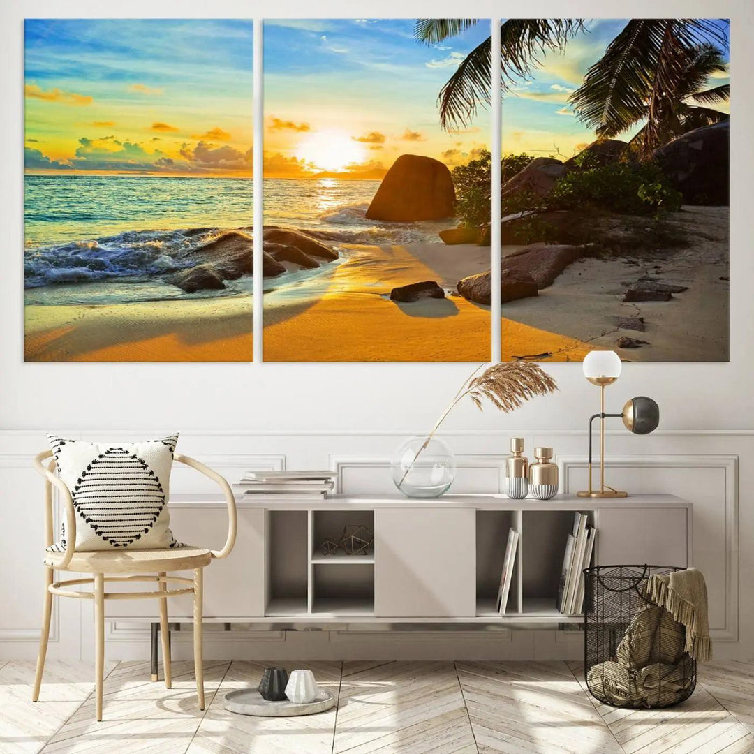 Serene Tropical Beach Sunset Canvas Wall Art, 3-Panel Giclee Print with Palm Trees and Coastal Rock Formation, Large Beach Decor for Home