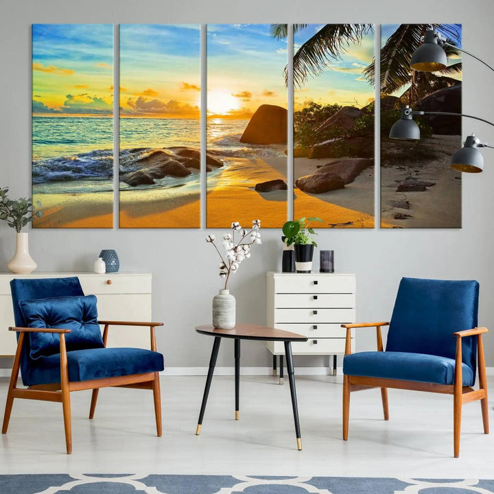 Serene Tropical Beach Sunset Canvas Wall Art, 3-Panel Giclee Print with Palm Trees and Coastal Rock Formation, Large Beach Decor for Home