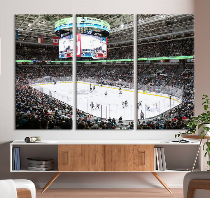 A packed ice hockey arena buzzes with energy as players glide on the ice and a large screen displays scores. The indoor decor features Sharks Arena Blackhawks Sharks Ice Hockey Stadium Wall Art Canvas Prints, creating an unexpected yet charming sporting atmosphere reminiscent of a gallery.