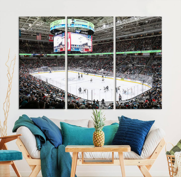 A packed ice hockey arena buzzes with energy as players glide on the ice and a large screen displays scores. The indoor decor features Sharks Arena Blackhawks Sharks Ice Hockey Stadium Wall Art Canvas Prints, creating an unexpected yet charming sporting atmosphere reminiscent of a gallery.