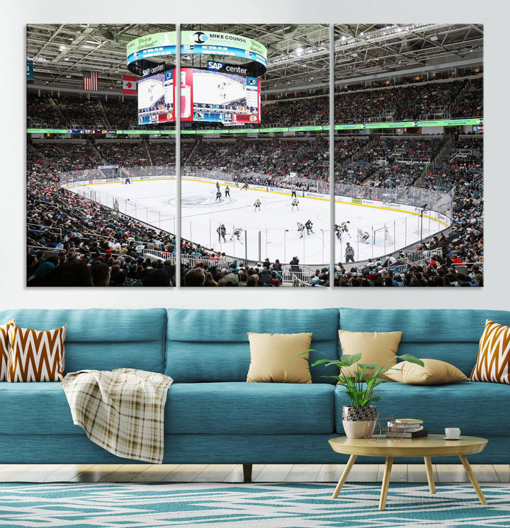 A packed ice hockey arena buzzes with energy as players glide on the ice and a large screen displays scores. The indoor decor features Sharks Arena Blackhawks Sharks Ice Hockey Stadium Wall Art Canvas Prints, creating an unexpected yet charming sporting atmosphere reminiscent of a gallery.