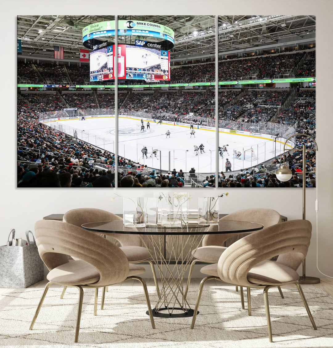 A packed ice hockey arena buzzes with energy as players glide on the ice and a large screen displays scores. The indoor decor features Sharks Arena Blackhawks Sharks Ice Hockey Stadium Wall Art Canvas Prints, creating an unexpected yet charming sporting atmosphere reminiscent of a gallery.