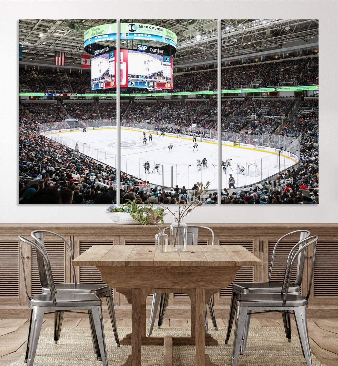 A packed ice hockey arena buzzes with energy as players glide on the ice and a large screen displays scores. The indoor decor features Sharks Arena Blackhawks Sharks Ice Hockey Stadium Wall Art Canvas Prints, creating an unexpected yet charming sporting atmosphere reminiscent of a gallery.