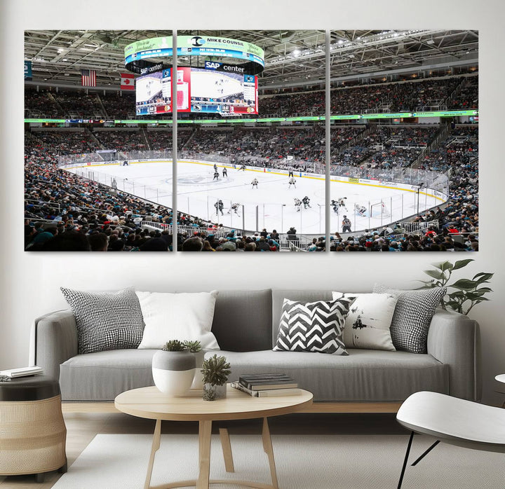 A packed ice hockey arena buzzes with energy as players glide on the ice and a large screen displays scores. The indoor decor features Sharks Arena Blackhawks Sharks Ice Hockey Stadium Wall Art Canvas Prints, creating an unexpected yet charming sporting atmosphere reminiscent of a gallery.