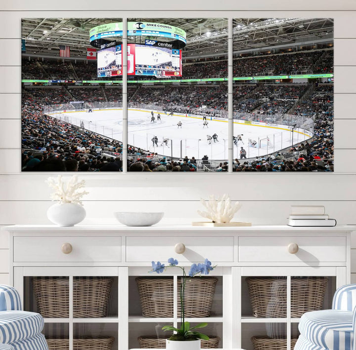 A packed ice hockey arena buzzes with energy as players glide on the ice and a large screen displays scores. The indoor decor features Sharks Arena Blackhawks Sharks Ice Hockey Stadium Wall Art Canvas Prints, creating an unexpected yet charming sporting atmosphere reminiscent of a gallery.