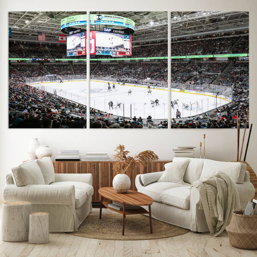 A packed ice hockey arena buzzes with energy as players glide on the ice and a large screen displays scores. The indoor decor features Sharks Arena Blackhawks Sharks Ice Hockey Stadium Wall Art Canvas Prints, creating an unexpected yet charming sporting atmosphere reminiscent of a gallery.