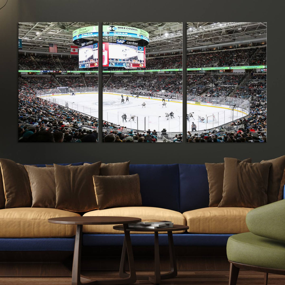 A packed ice hockey arena buzzes with energy as players glide on the ice and a large screen displays scores. The indoor decor features Sharks Arena Blackhawks Sharks Ice Hockey Stadium Wall Art Canvas Prints, creating an unexpected yet charming sporting atmosphere reminiscent of a gallery.