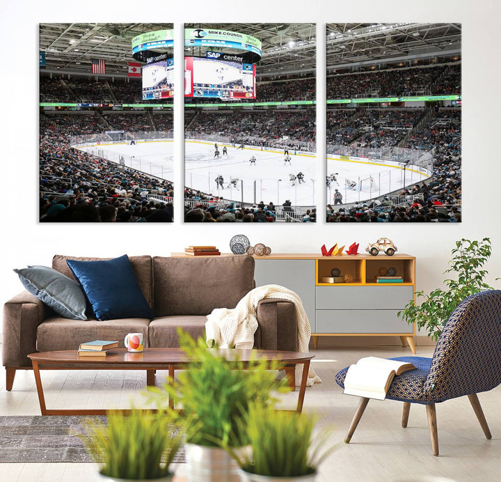 A packed ice hockey arena buzzes with energy as players glide on the ice and a large screen displays scores. The indoor decor features Sharks Arena Blackhawks Sharks Ice Hockey Stadium Wall Art Canvas Prints, creating an unexpected yet charming sporting atmosphere reminiscent of a gallery.