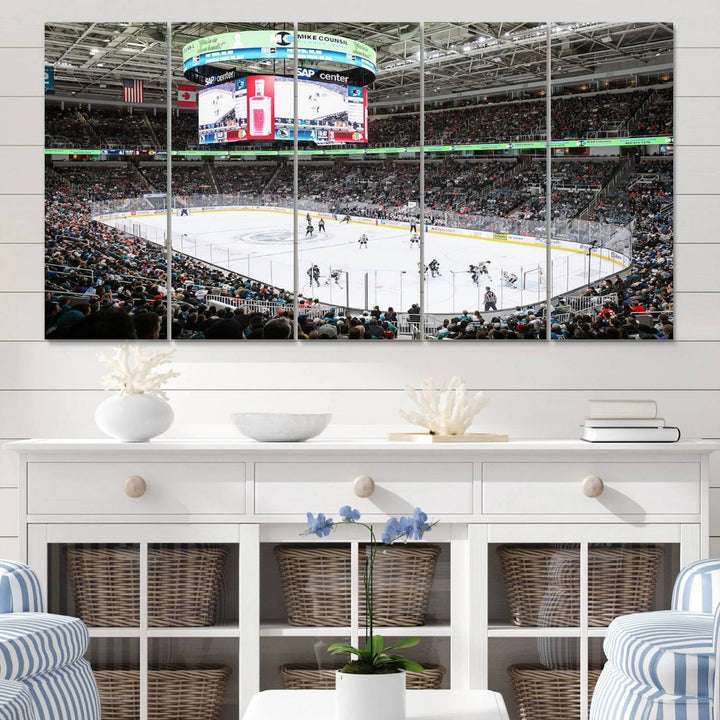 A packed ice hockey arena buzzes with energy as players glide on the ice and a large screen displays scores. The indoor decor features Sharks Arena Blackhawks Sharks Ice Hockey Stadium Wall Art Canvas Prints, creating an unexpected yet charming sporting atmosphere reminiscent of a gallery.