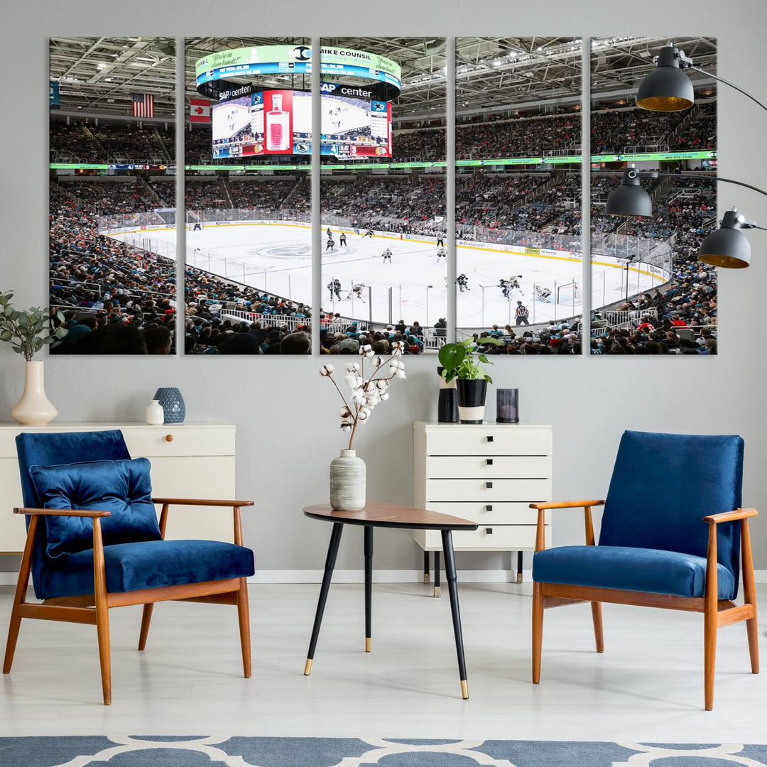 A packed ice hockey arena buzzes with energy as players glide on the ice and a large screen displays scores. The indoor decor features Sharks Arena Blackhawks Sharks Ice Hockey Stadium Wall Art Canvas Prints, creating an unexpected yet charming sporting atmosphere reminiscent of a gallery.