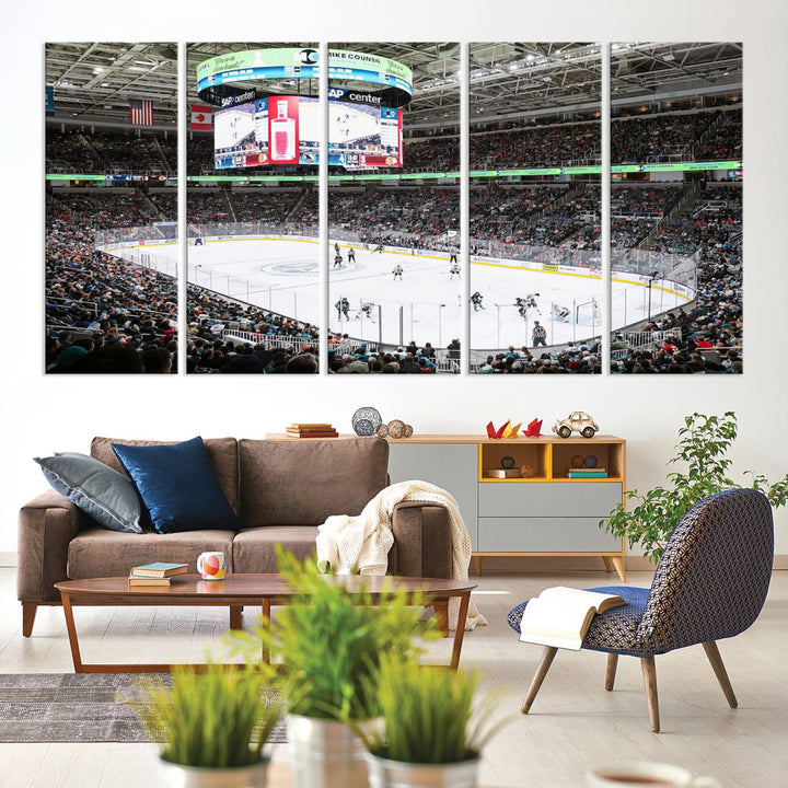 A packed ice hockey arena buzzes with energy as players glide on the ice and a large screen displays scores. The indoor decor features Sharks Arena Blackhawks Sharks Ice Hockey Stadium Wall Art Canvas Prints, creating an unexpected yet charming sporting atmosphere reminiscent of a gallery.