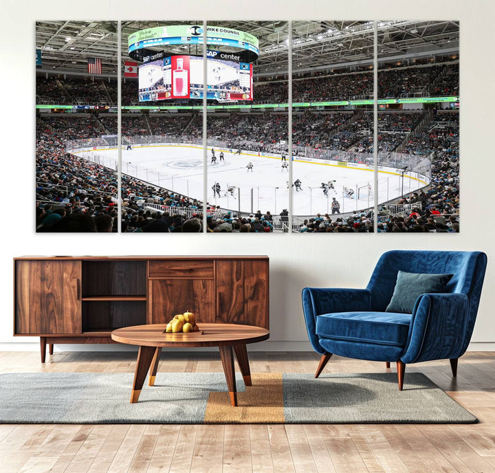 A packed ice hockey arena buzzes with energy as players glide on the ice and a large screen displays scores. The indoor decor features Sharks Arena Blackhawks Sharks Ice Hockey Stadium Wall Art Canvas Prints, creating an unexpected yet charming sporting atmosphere reminiscent of a gallery.