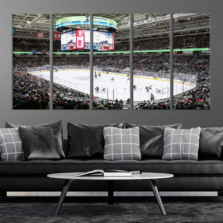 A packed ice hockey arena buzzes with energy as players glide on the ice and a large screen displays scores. The indoor decor features Sharks Arena Blackhawks Sharks Ice Hockey Stadium Wall Art Canvas Prints, creating an unexpected yet charming sporting atmosphere reminiscent of a gallery.