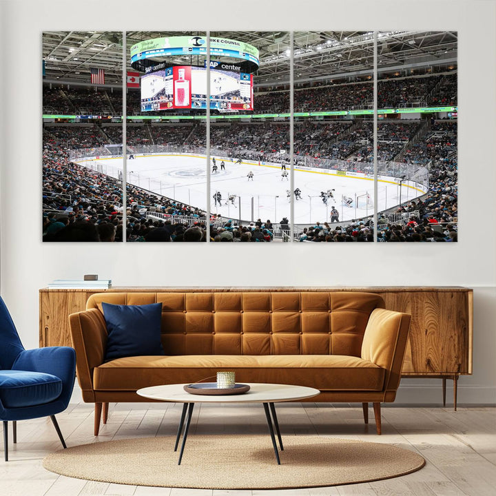 A packed ice hockey arena buzzes with energy as players glide on the ice and a large screen displays scores. The indoor decor features Sharks Arena Blackhawks Sharks Ice Hockey Stadium Wall Art Canvas Prints, creating an unexpected yet charming sporting atmosphere reminiscent of a gallery.