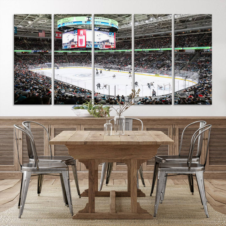 A packed ice hockey arena buzzes with energy as players glide on the ice and a large screen displays scores. The indoor decor features Sharks Arena Blackhawks Sharks Ice Hockey Stadium Wall Art Canvas Prints, creating an unexpected yet charming sporting atmosphere reminiscent of a gallery.