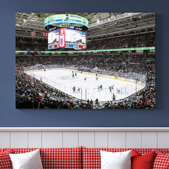 A packed ice hockey arena buzzes with energy as players glide on the ice and a large screen displays scores. The indoor decor features Sharks Arena Blackhawks Sharks Ice Hockey Stadium Wall Art Canvas Prints, creating an unexpected yet charming sporting atmosphere reminiscent of a gallery.