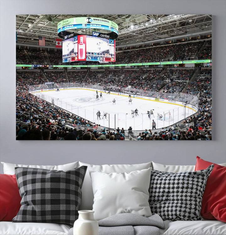 A packed ice hockey arena buzzes with energy as players glide on the ice and a large screen displays scores. The indoor decor features Sharks Arena Blackhawks Sharks Ice Hockey Stadium Wall Art Canvas Prints, creating an unexpected yet charming sporting atmosphere reminiscent of a gallery.