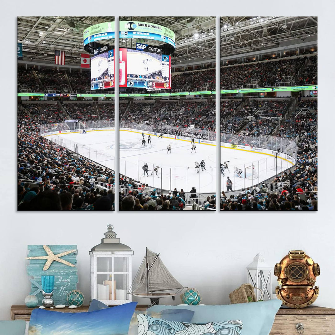 A packed ice hockey arena buzzes with energy as players glide on the ice and a large screen displays scores. The indoor decor features Sharks Arena Blackhawks Sharks Ice Hockey Stadium Wall Art Canvas Prints, creating an unexpected yet charming sporting atmosphere reminiscent of a gallery.