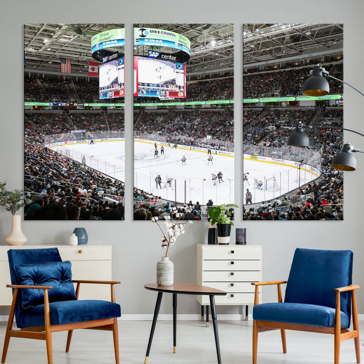 A packed ice hockey arena buzzes with energy as players glide on the ice and a large screen displays scores. The indoor decor features Sharks Arena Blackhawks Sharks Ice Hockey Stadium Wall Art Canvas Prints, creating an unexpected yet charming sporting atmosphere reminiscent of a gallery.