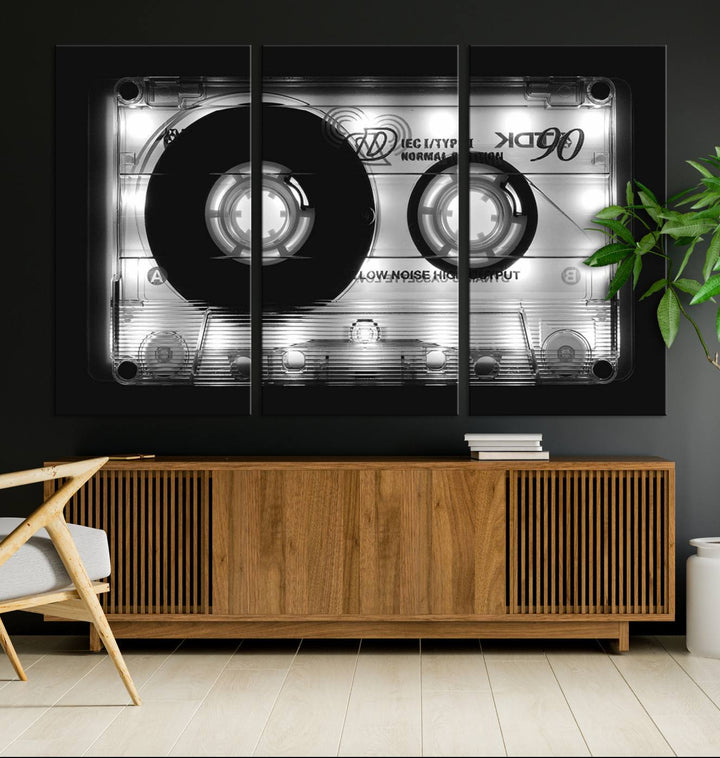 The Shining Audio Cassette Retro Music Wall Art Canvas Print, featuring museum-quality canvases with a UV-protective coating, is elegantly displayed. Enjoy free shipping on this stylish centerpiece.