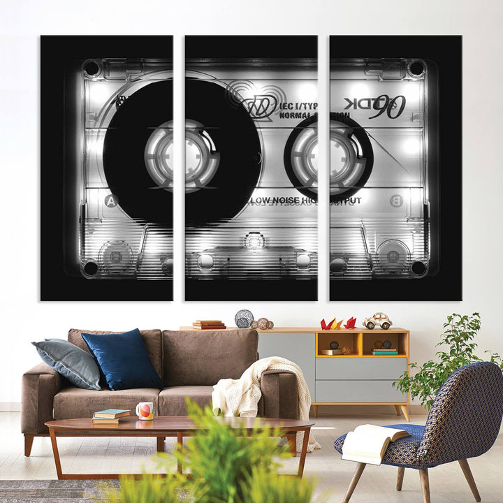 The Shining Audio Cassette Retro Music Wall Art Canvas Print, featuring museum-quality canvases with a UV-protective coating, is elegantly displayed. Enjoy free shipping on this stylish centerpiece.