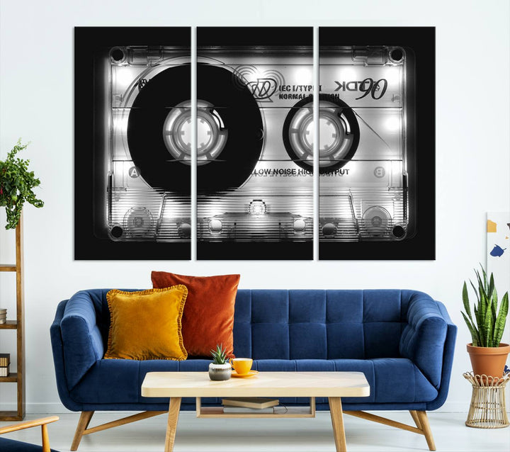 The Shining Audio Cassette Retro Music Wall Art Canvas Print, featuring museum-quality canvases with a UV-protective coating, is elegantly displayed. Enjoy free shipping on this stylish centerpiece.