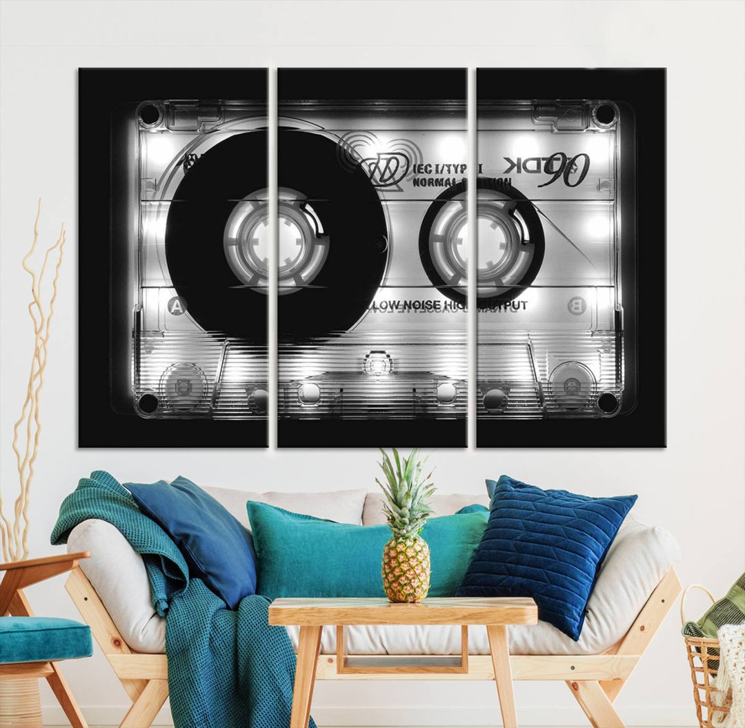 The Shining Audio Cassette Retro Music Wall Art Canvas Print, featuring museum-quality canvases with a UV-protective coating, is elegantly displayed. Enjoy free shipping on this stylish centerpiece.