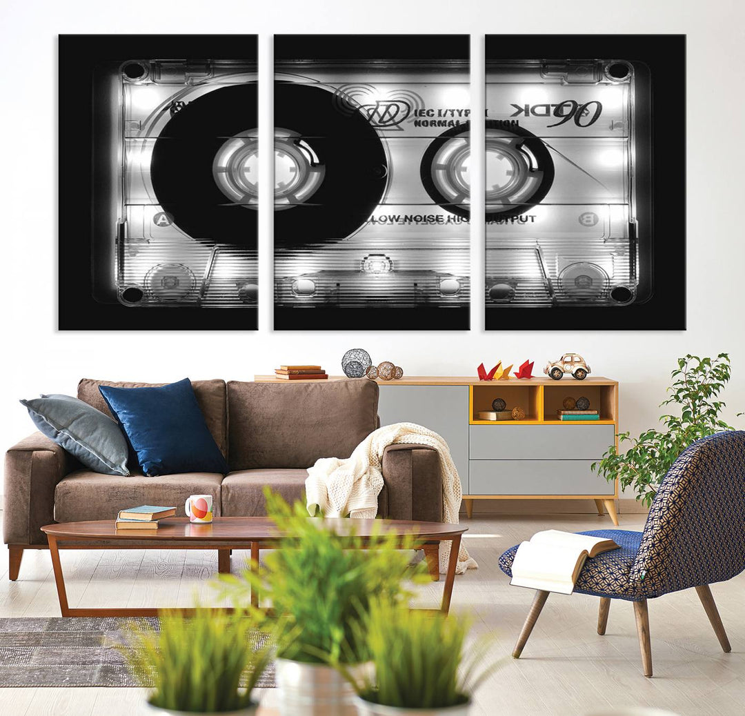 The Shining Audio Cassette Retro Music Wall Art Canvas Print, featuring museum-quality canvases with a UV-protective coating, is elegantly displayed. Enjoy free shipping on this stylish centerpiece.