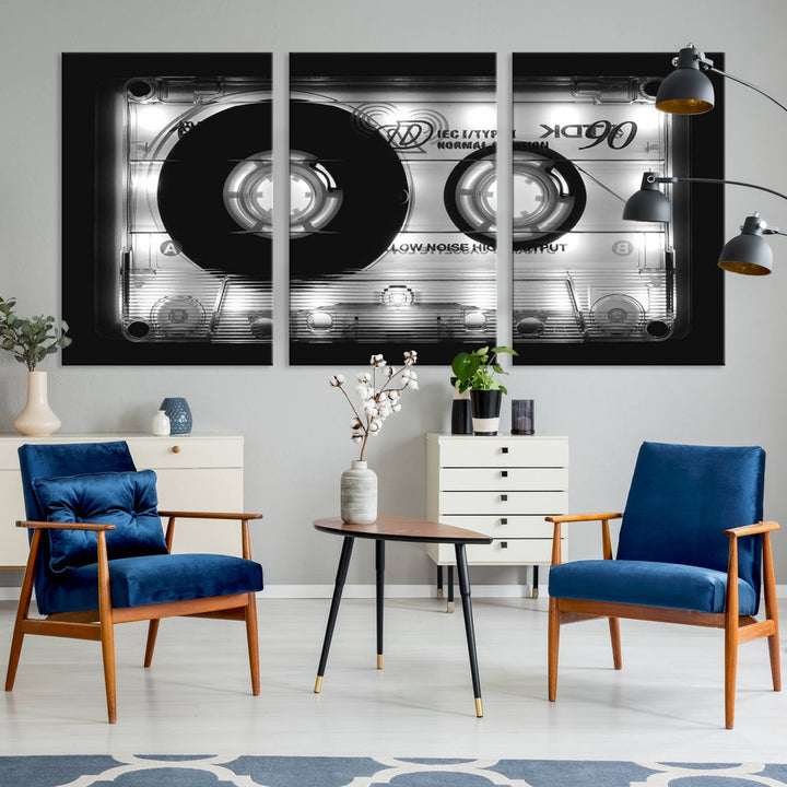 The Shining Audio Cassette Retro Music Wall Art Canvas Print, featuring museum-quality canvases with a UV-protective coating, is elegantly displayed. Enjoy free shipping on this stylish centerpiece.