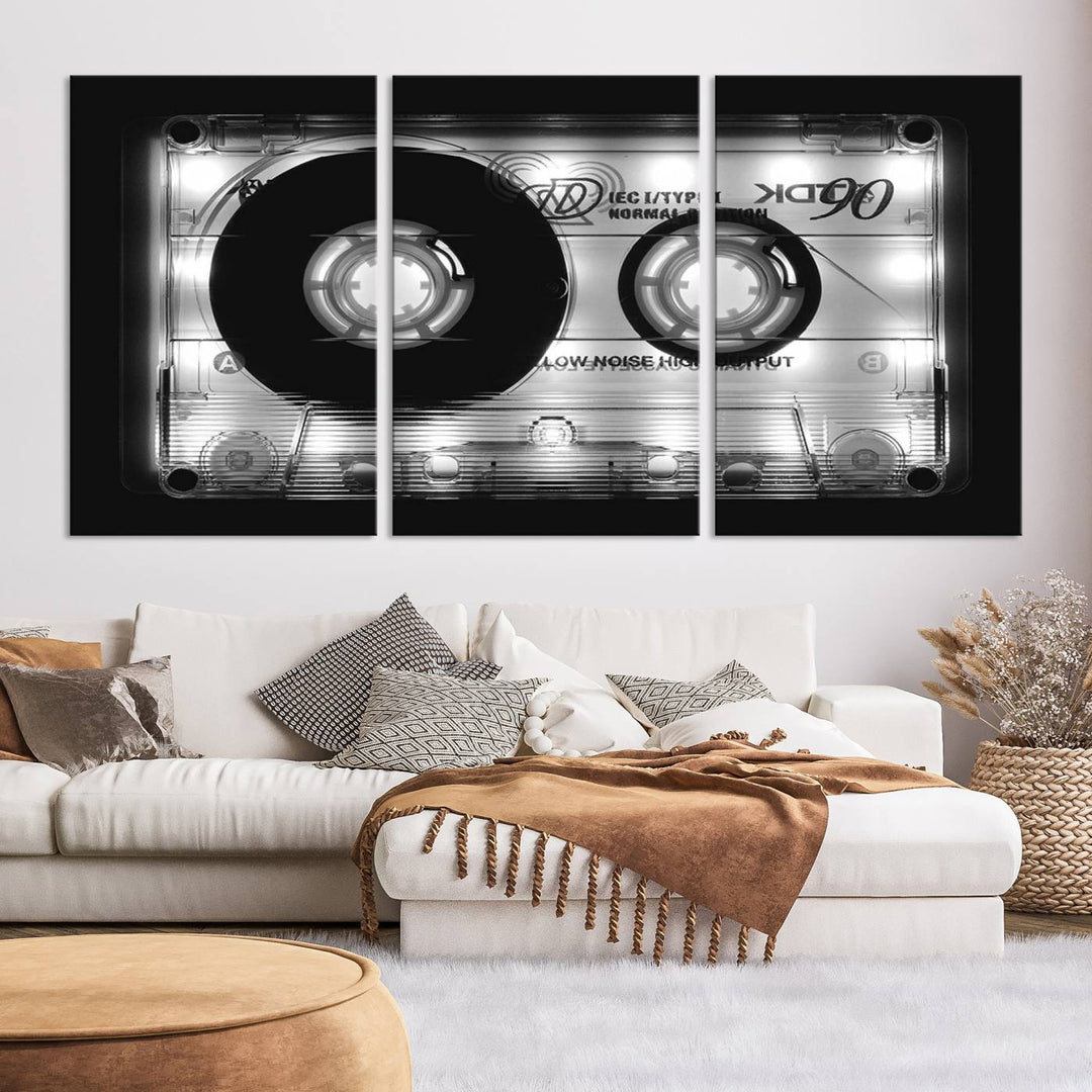 The Shining Audio Cassette Retro Music Wall Art Canvas Print, featuring museum-quality canvases with a UV-protective coating, is elegantly displayed. Enjoy free shipping on this stylish centerpiece.