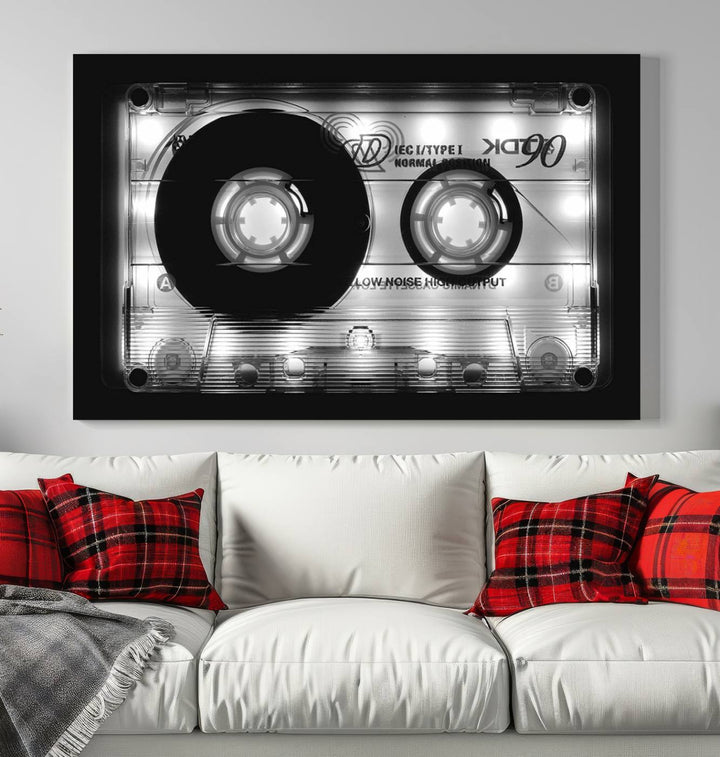 The Shining Audio Cassette Retro Music Wall Art Canvas Print, featuring museum-quality canvases with a UV-protective coating, is elegantly displayed. Enjoy free shipping on this stylish centerpiece.