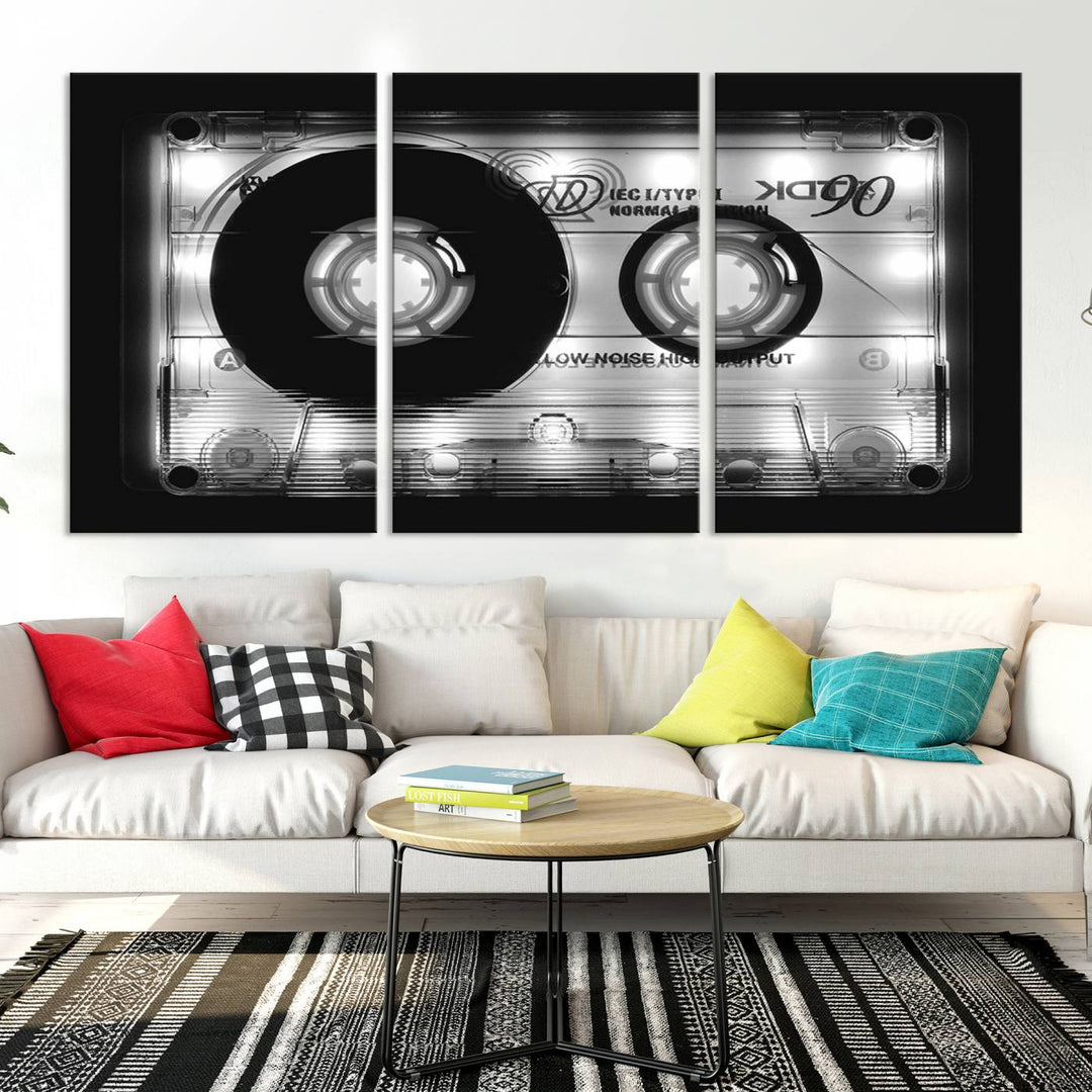 The Shining Audio Cassette Retro Music Wall Art Canvas Print, featuring museum-quality canvases with a UV-protective coating, is elegantly displayed. Enjoy free shipping on this stylish centerpiece.